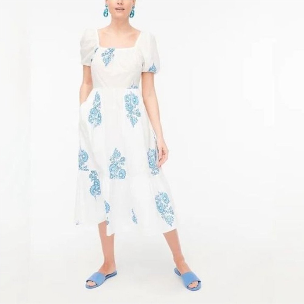 J. Crew Floral Puff-Sleeve Tiered Midi Dress in White and Blue Size 4